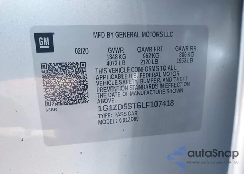 2020 Chevrolet Malibu Fwd Lt z USA, uszkodzony, nr VIN 1G1ZD5ST6LF107418